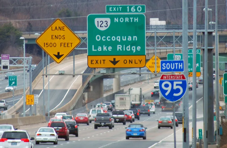 Northern Virginia traffic on I-95 South near Occoquan and Lake Ridge